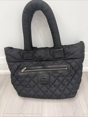 CHANEL Black Quilted Nylon Tote with Front Zip Pocket